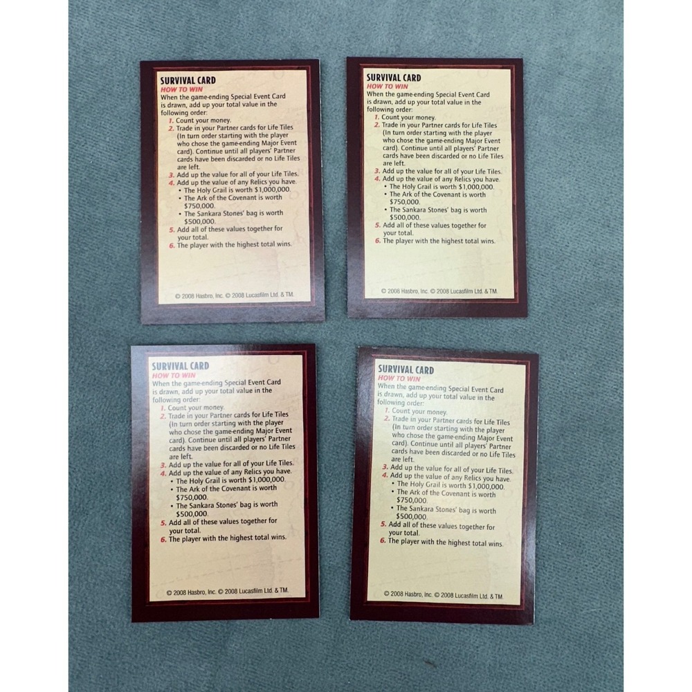 Hasbro Indiana Jones The Game of Life Survival Cards Replacement Lot of 4 2008